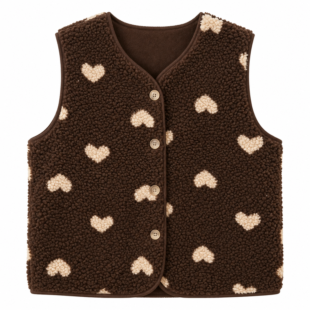 Gilet sans manches moutonné marron chocolat motif cœurs écru femme avec boutons effet sherpa cosy hiver