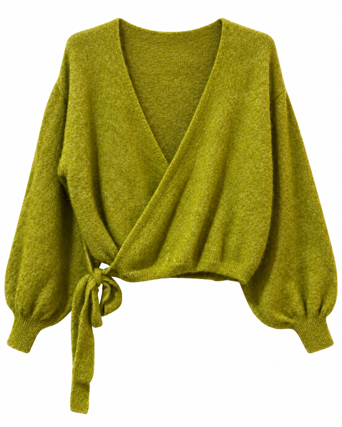 Gilet portefeuille Sarah vert mousse en maille douce manches ballon avec lien à nouer femme