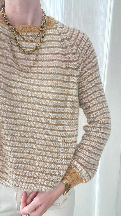 Pull rayé beige et écru maille ajourée col rond femme style bohème chic avec finitions camel