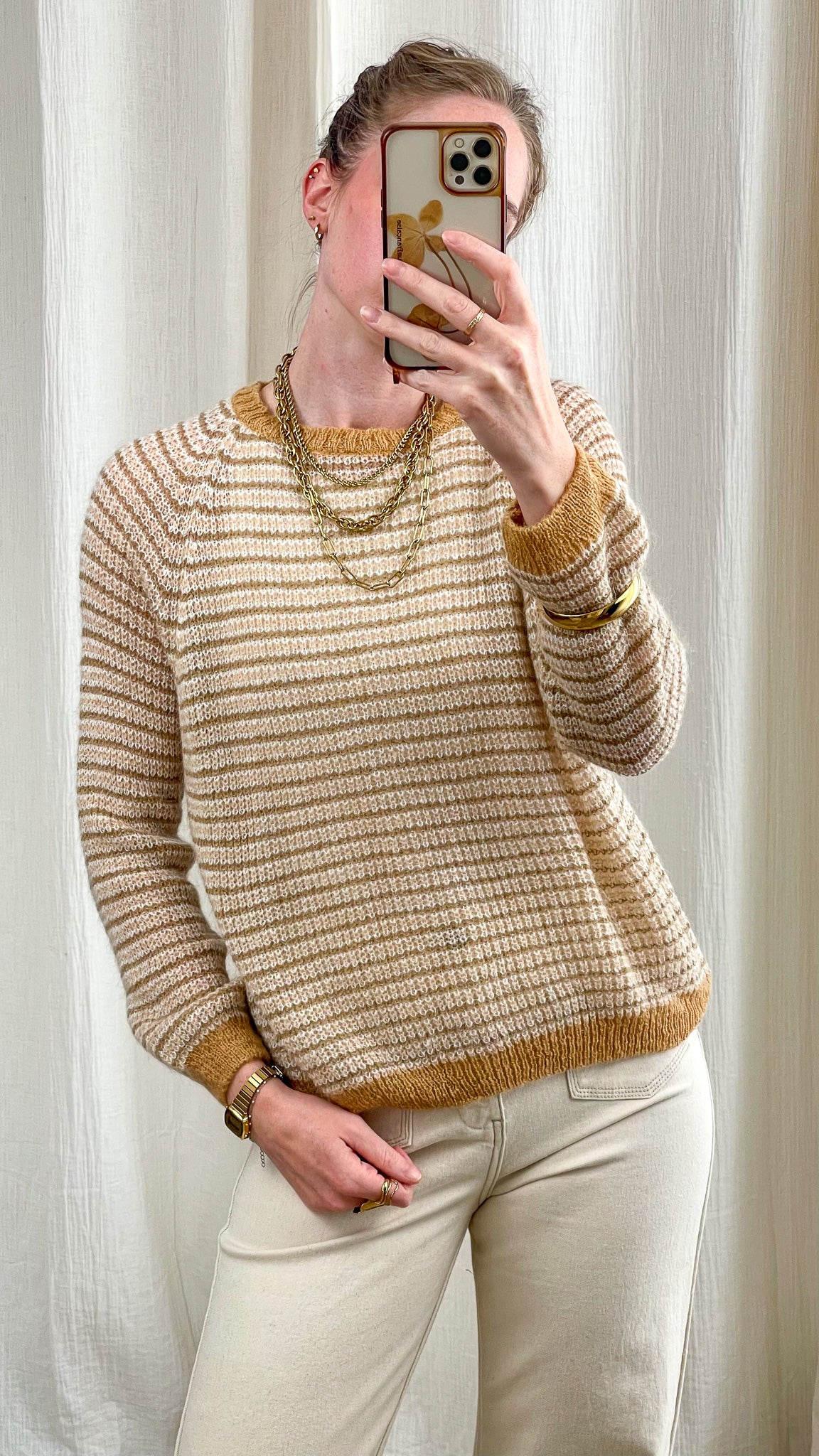 Pull rayé beige et camel femme col rond maille douce style cocooning hiver