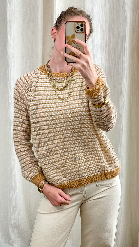 Pull rayé beige et camel femme col rond maille douce style cocooning hiver