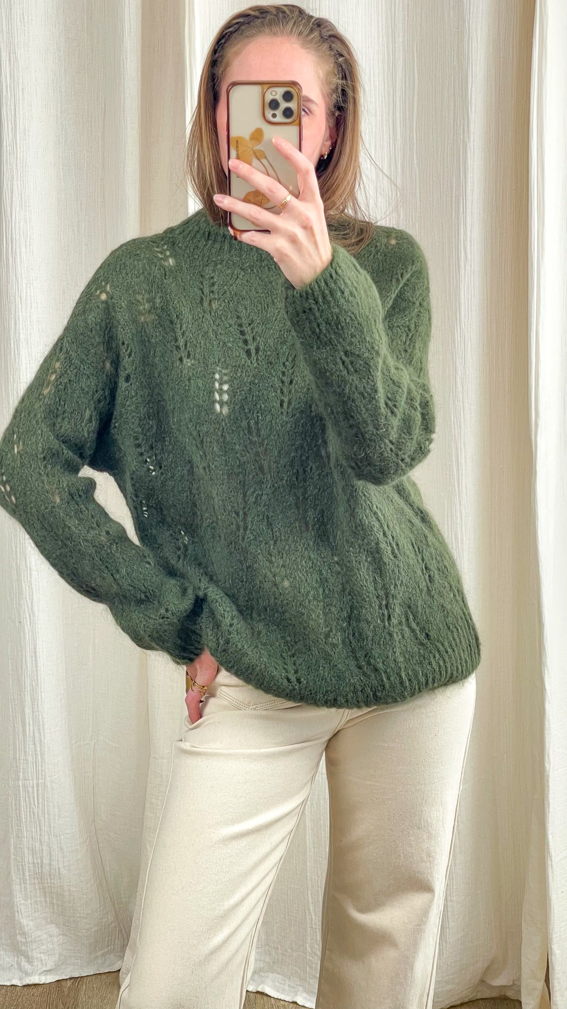 Pull ajouré vert sapin en mohair motif feuilles femme, coupe oversize manches longues style bohème chic