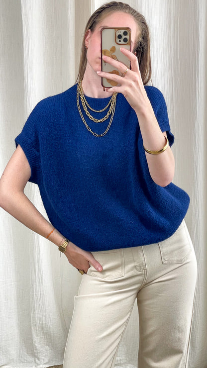 Pull manches courtes bleu marine en maille douce femme coupe oversize col rond style casual chic