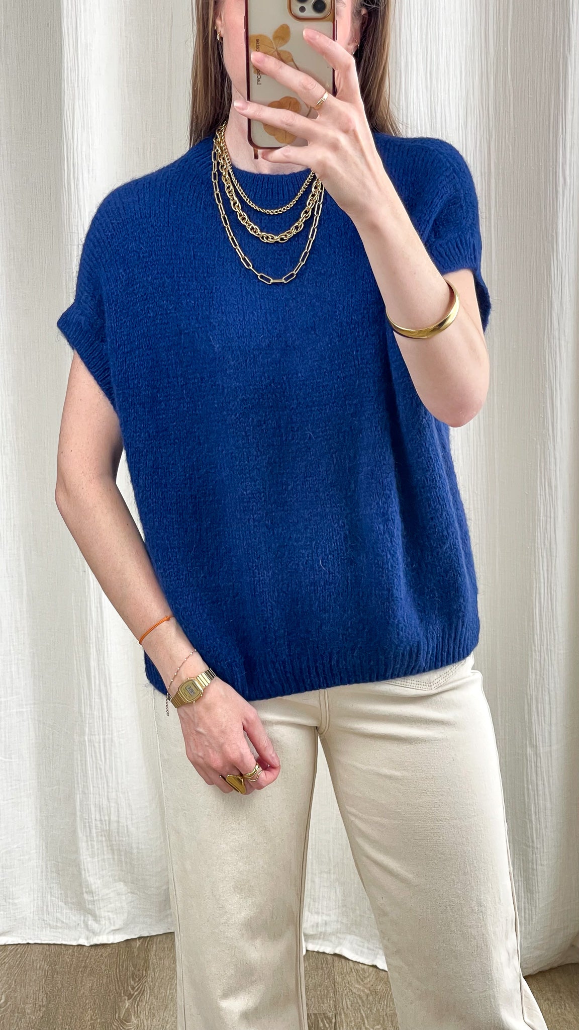 Pull manches courtes bleu marine femme en maille douce coupe ample style casual chic