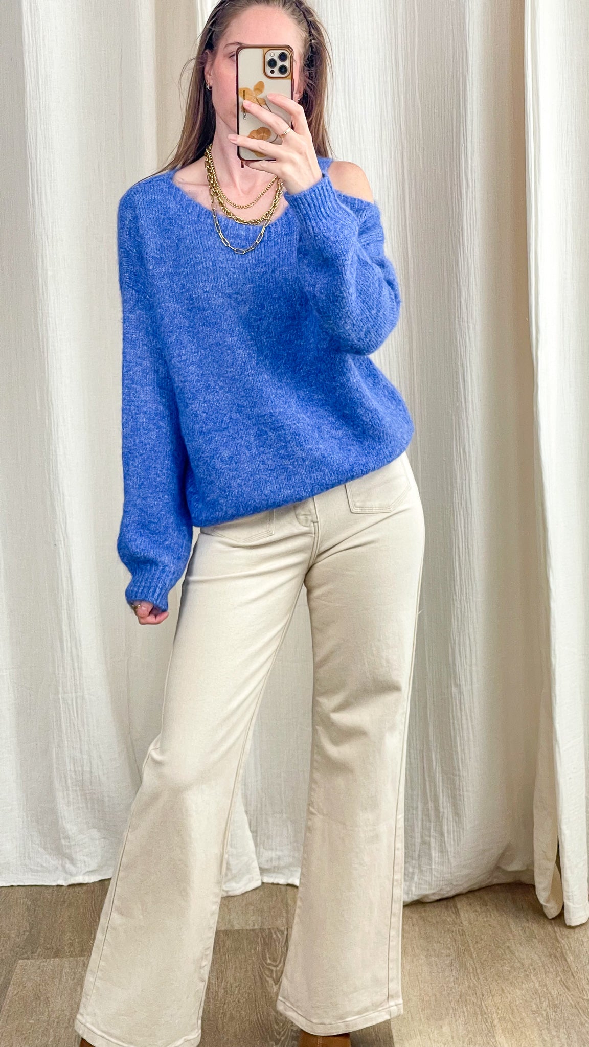 Pull oversize bleu lavande épaule dénudée femme, maille douce tricot hiver casual chic