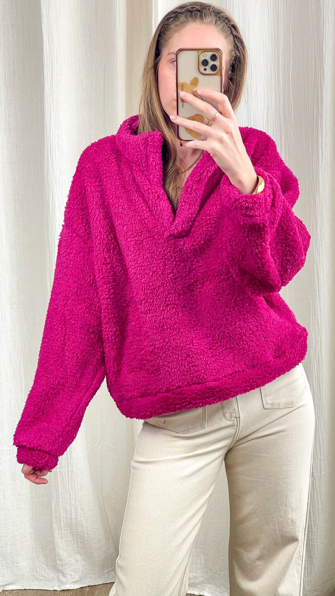 Pull col montant rose fuchsia en sherpa femme coupe oversize - Sweat Collet doux et chaud style cocooning hiver