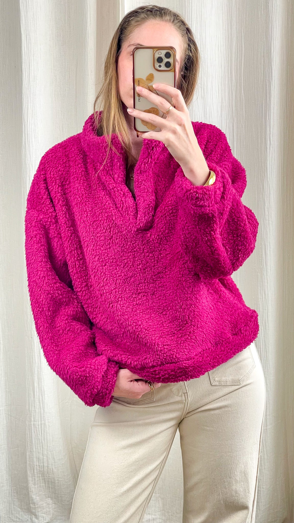 Pull sherpa rose fuchsia femme col montant coupe oversize confortable style décontracté hiver