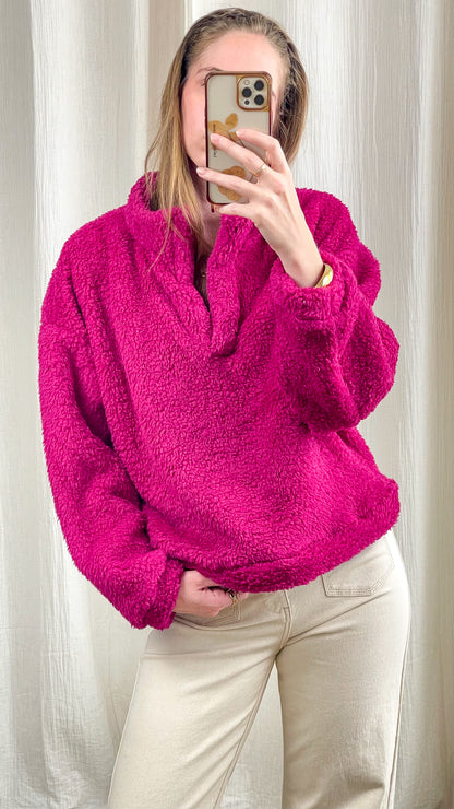 Pull sherpa rose fuchsia femme col montant coupe oversize confortable style décontracté hiver