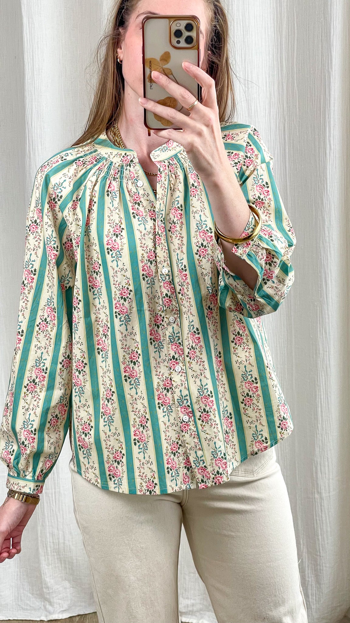 Blouse femme imprimé floral rayures vert et rose style vintage col mao manches longues bouffantes