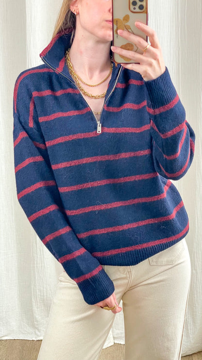 Pull col zippé bleu marine à rayures bordeaux femme, maille douce style preppy décontracté