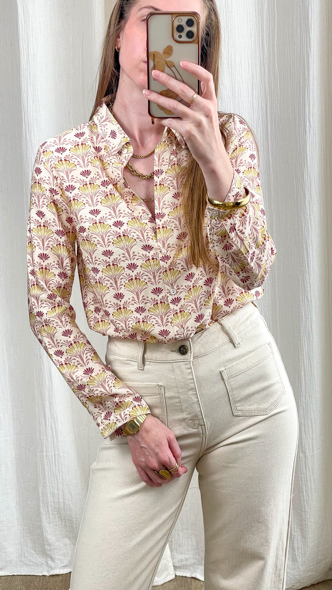 Chemise Nesra femme imprimé floral vintage tons rose et jaune, coupe classique col chemisier, style bohème chic