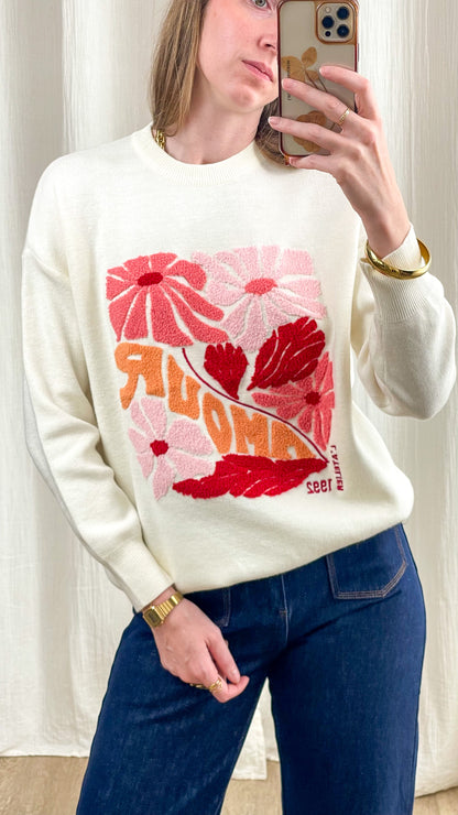 Pull femme écru broderie florale texturée rose rouge orange motif ROMA style vintage chic