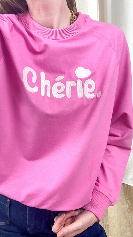 Sweat femme rose fuchsia broderie Chérie avec cœur, coupe oversize décontractée, pull tendance streetwear féminin