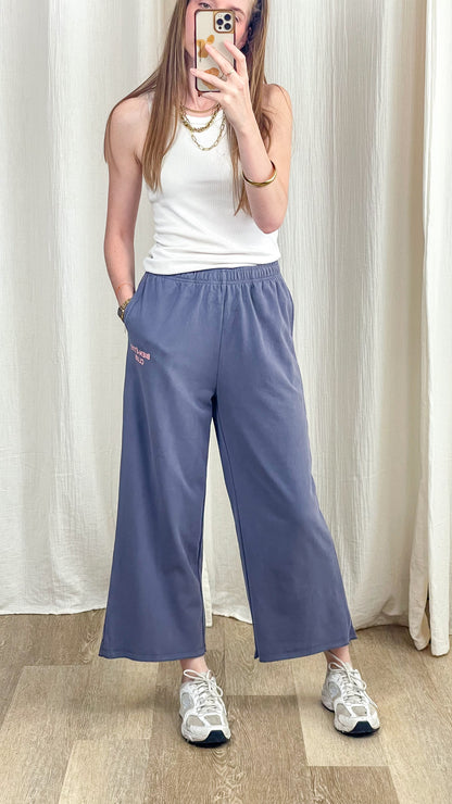 Pantalon jogging large bleu gris taille élastique Bien-Être Club femme coupe fluide confortable
