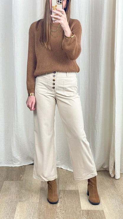 Pantalon velours côtelé écru taille haute coupe wide leg à boutons apparents pour femme automne hiver