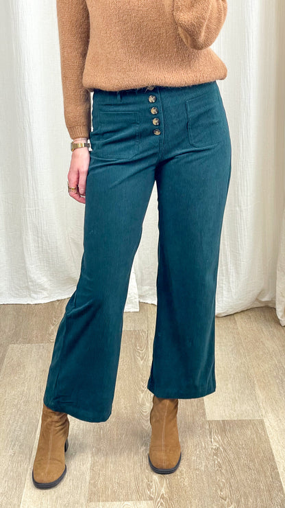 Pantalon velours côtelé vert sapin taille haute coupe large avec boutons apparents femme style vintage