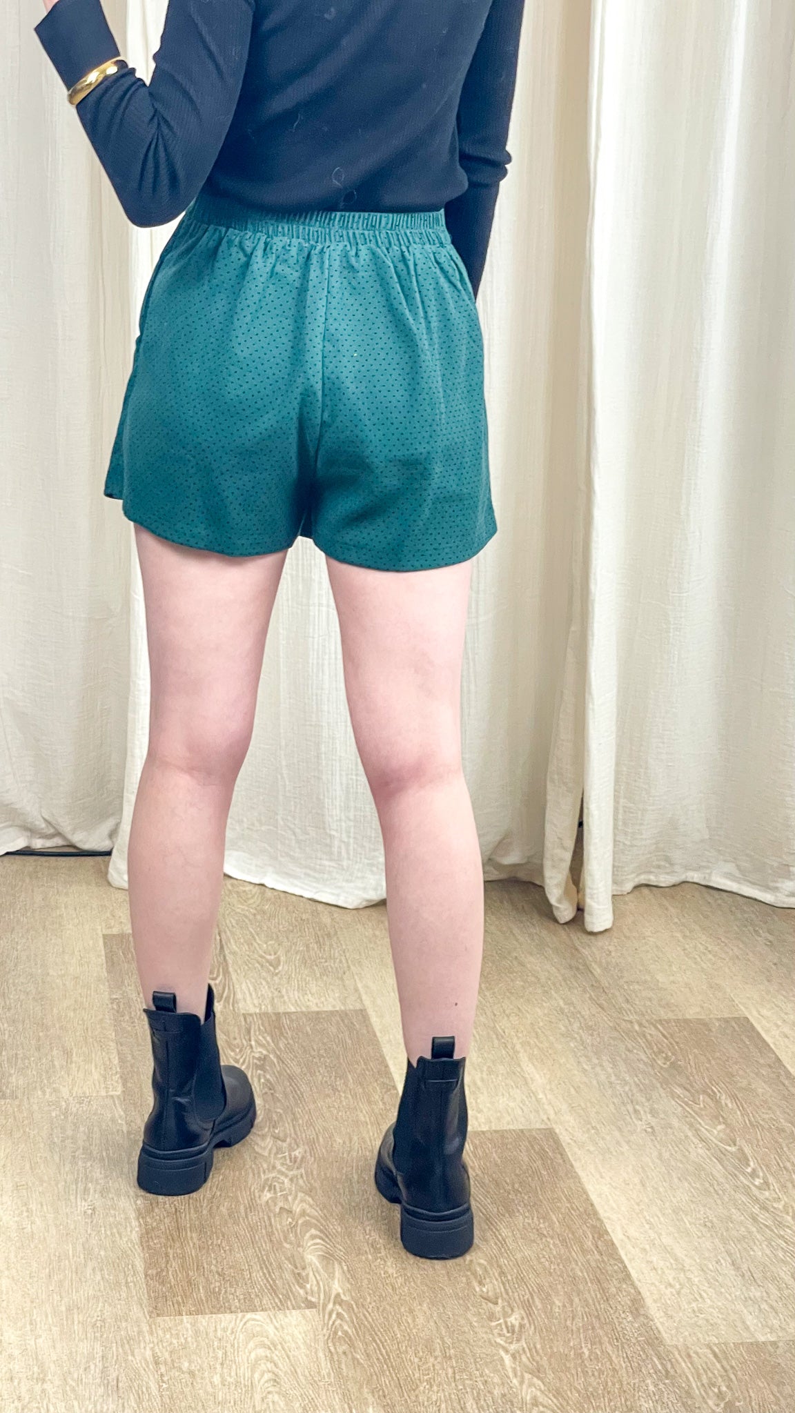 Jupe-short vert émeraude à pois taille élastique femme, style casual chic avec poches