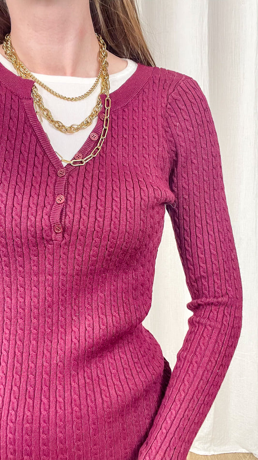 Robe pull maille torsadée bordeaux col V boutonné manches longues femme style preppy automne hiver