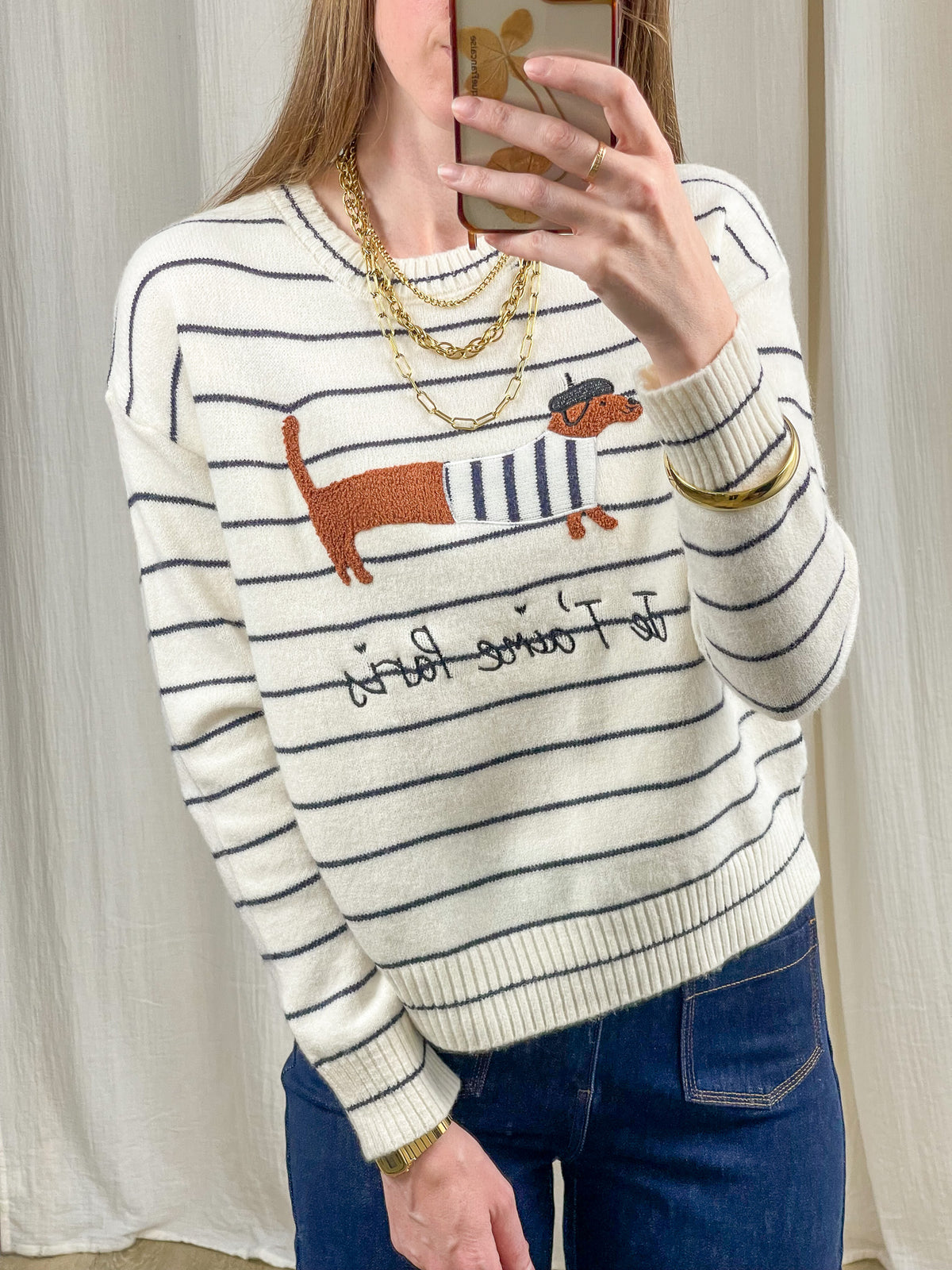 Pull marinière écru rayures bleu marine motif teckel brodé parisien, pull fantaisie femme style français