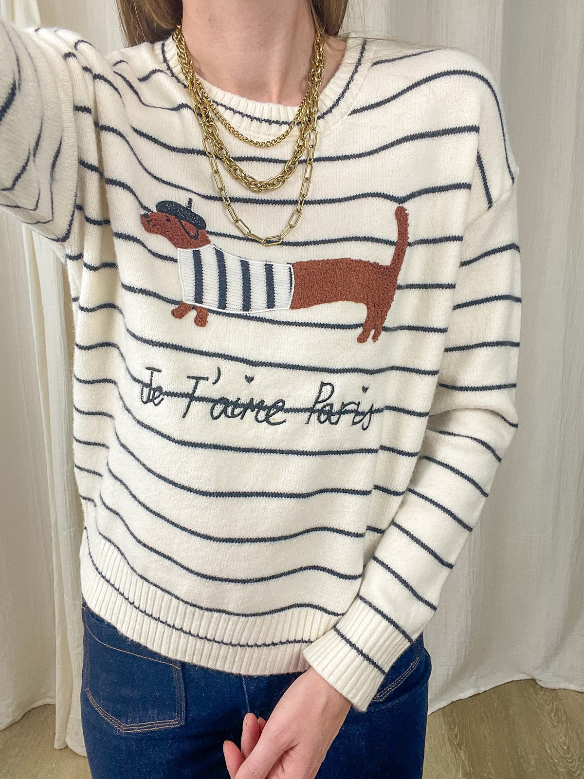 Pull marinière écru rayé bleu marine femme avec motif teckel et inscription Je t'aime Paris, style parisien chic