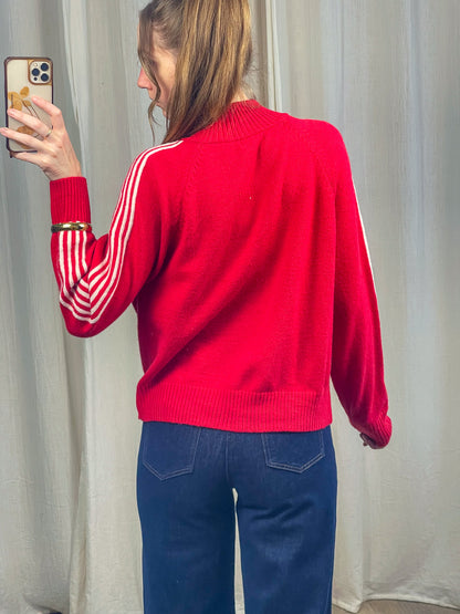 Gilet zip rouge femme avec bandes blanches sur les manches, coupe courte et col montant style sportswear