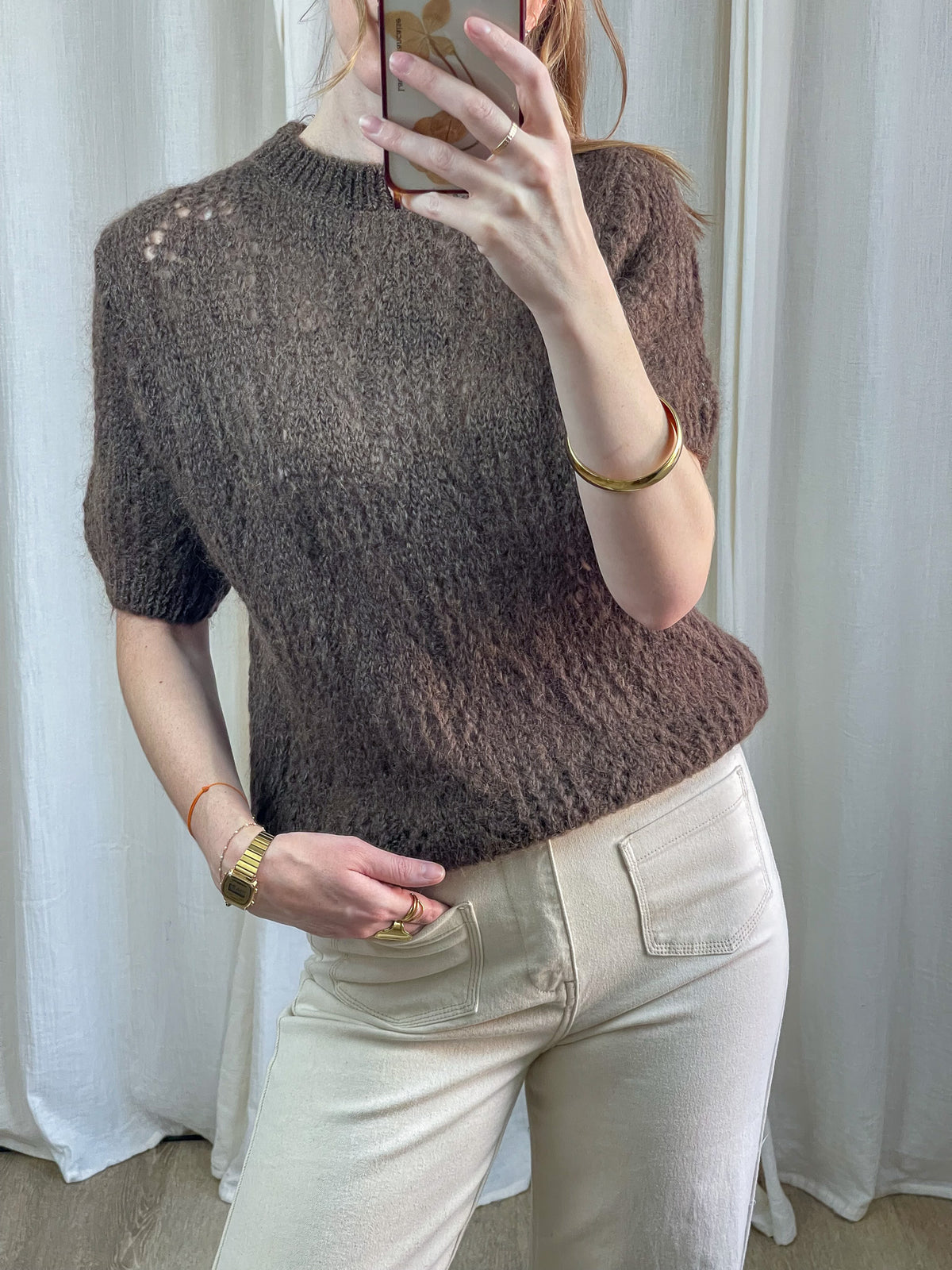 Pull manches courtes marron chiné en maille mohair femme, col montant, style vintage chic automne