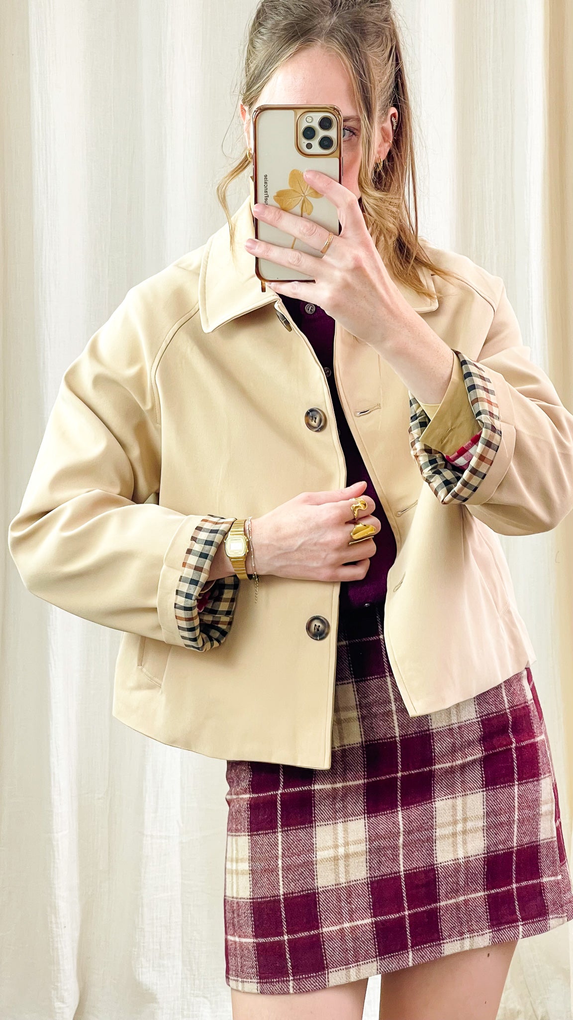 Trench Honorée – Veste courte beige à doublure imprimée