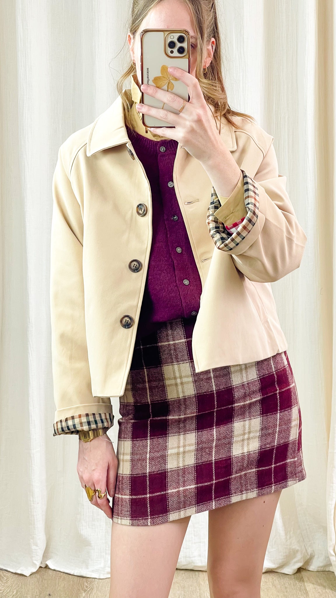 Trench Honorée – Veste courte beige à doublure imprimée