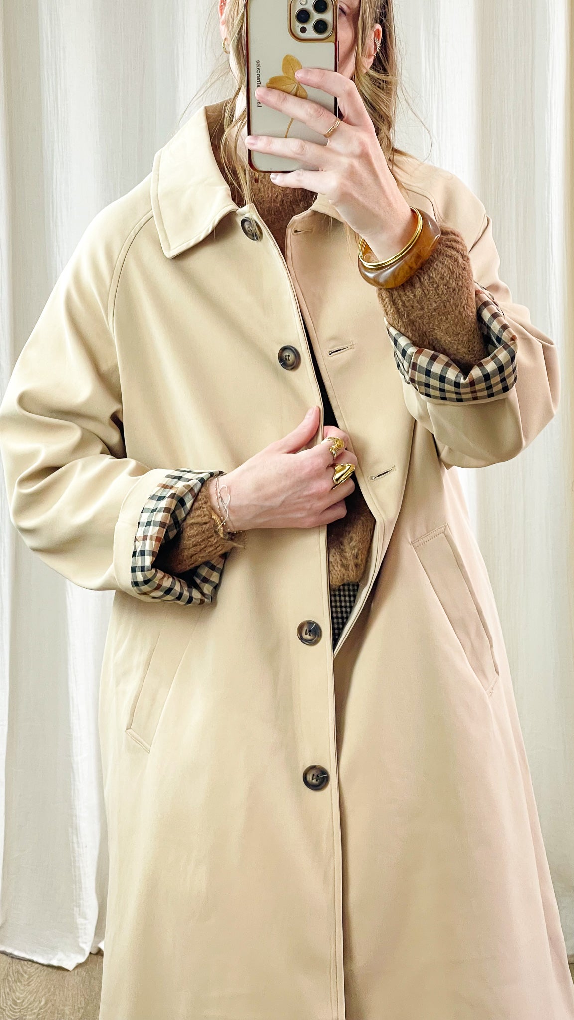 Trench Pascale – Trench long beige doublé à carreaux