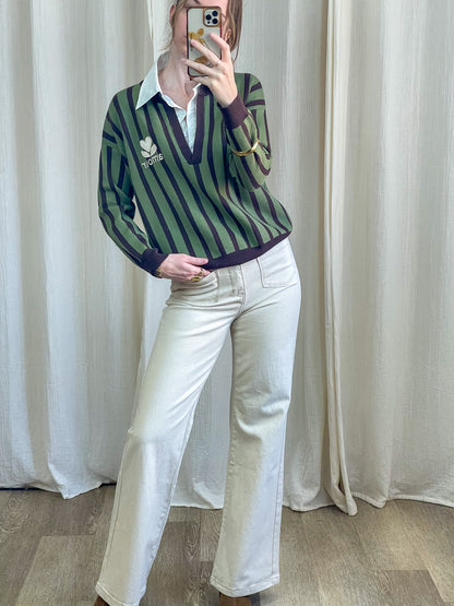 Pull chemise 2 en 1 rayures vertes et noires col V avec col blanc femme style preppy casual