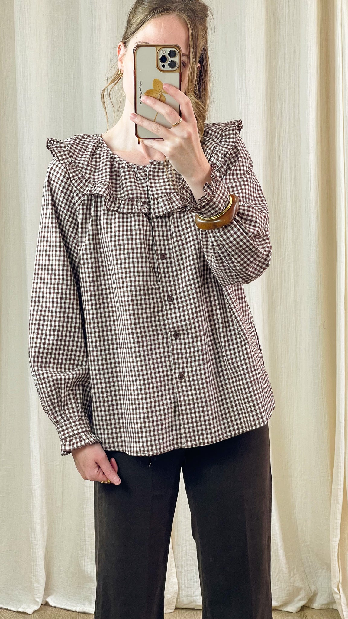 Blouse Daisy – Blouse à volants vichy marron