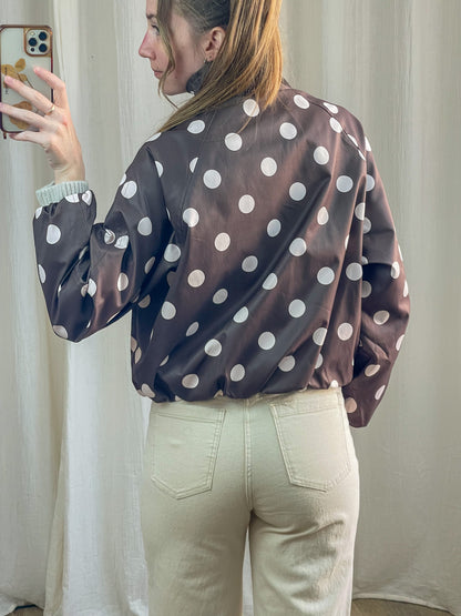 Bomber marron à pois blancs femme col montant tissu enduit satiné style vintage