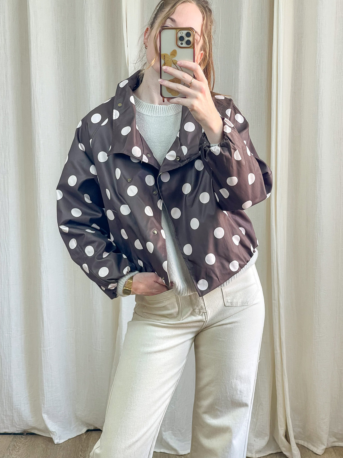 Bomber marron chocolat à pois blancs femme, veste oversize col chemise tissu enduit style vintage