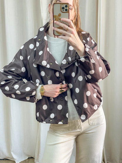 Bomber marron à pois blancs femme col montant tissu enduit coupe oversize veste tendance mi-saison