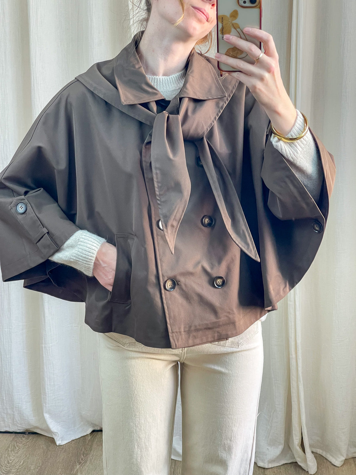Trench cape marron col foulard double boutonnage femme, veste courte oversize style élégant automne
