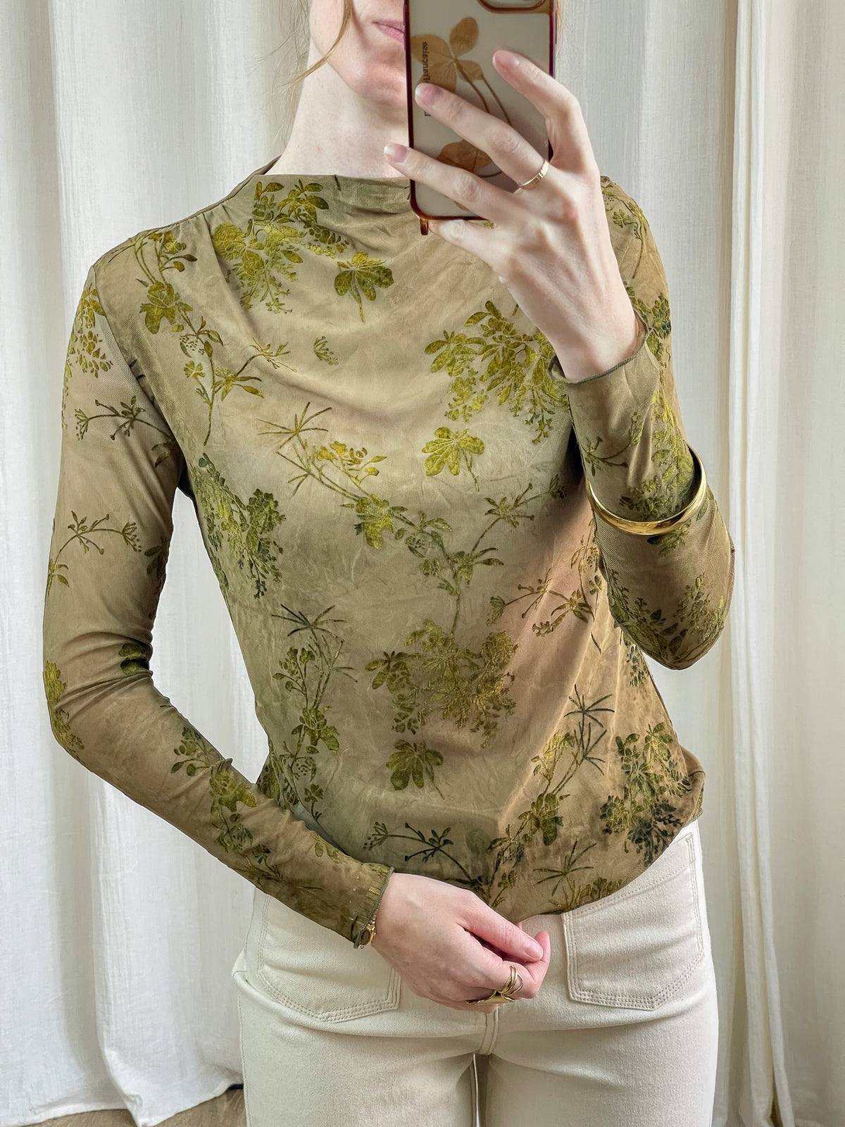 Top mesh femme imprimé floral vert olive, manches longues col montant, style bohème chic printemps