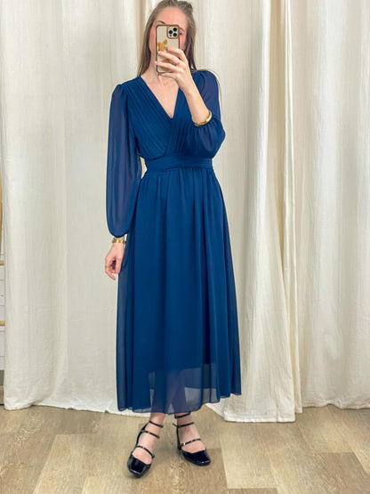 Robe longue bleu marine en mousseline manches longues transparentes col V pour cérémonie femme