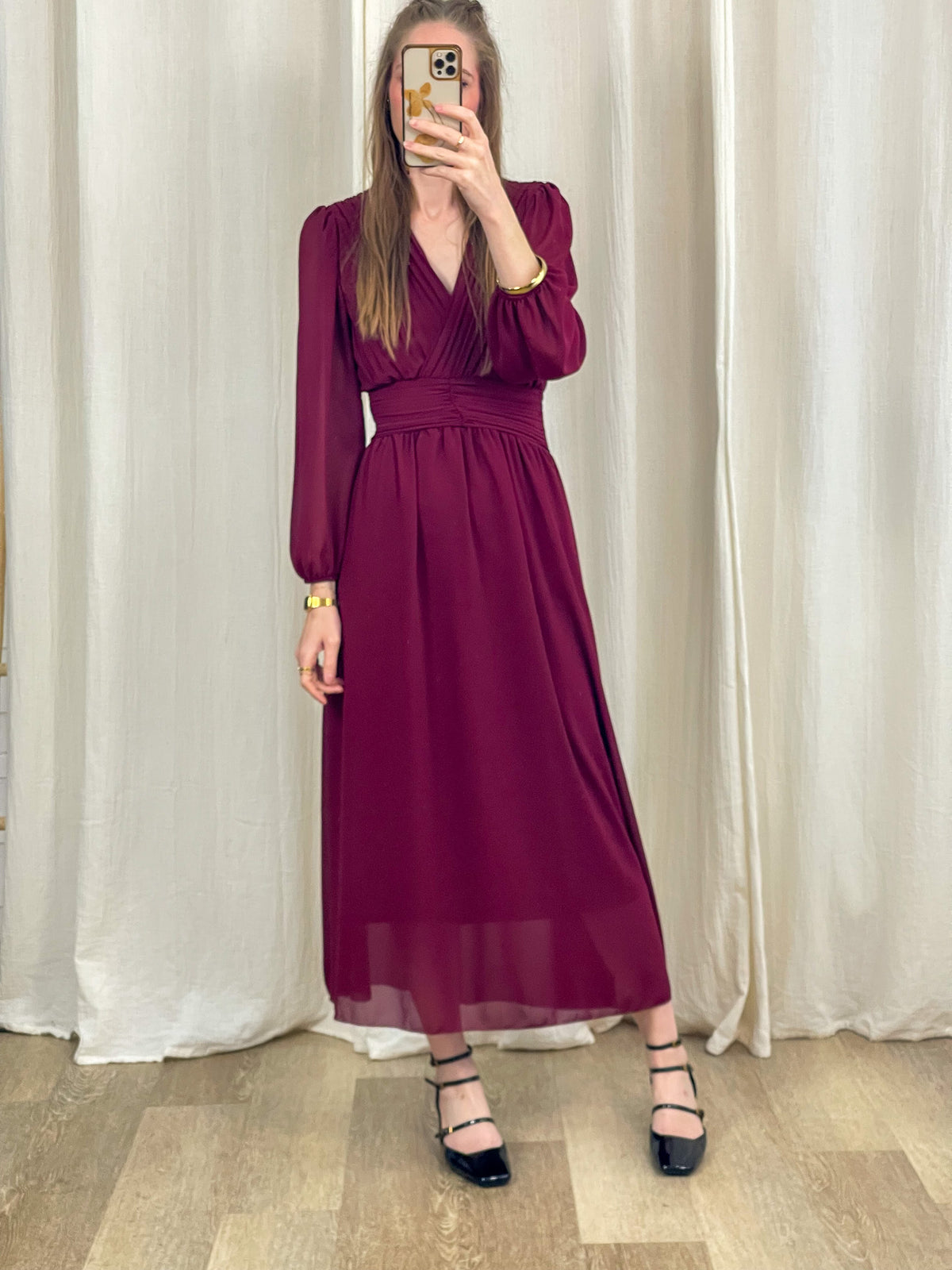 Robe longue bordeaux en mousseline manches longues col V - robe de cérémonie élégante femme