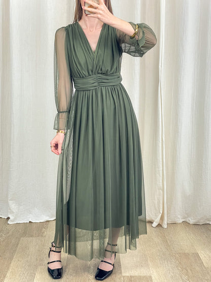 Robe longue cérémonie tulle vert kaki manches transparentes col V femme tenue habillée invitée mariage