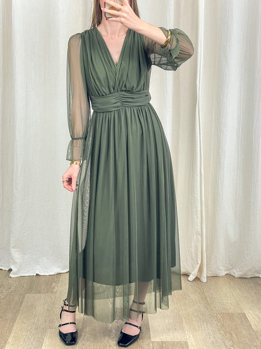 Robe longue cérémonie tulle vert kaki manches transparentes col V femme tenue habillée invitée mariage