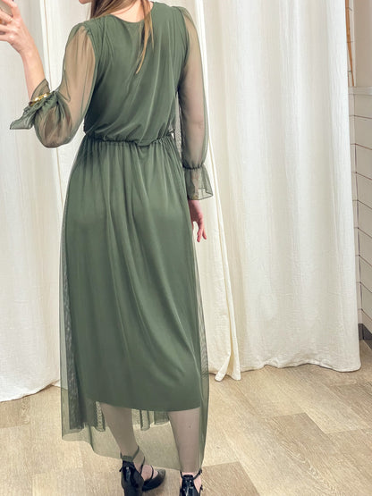 Robe longue cérémonie vert kaki en tulle transparent manches longues femme taille élastique dos nu élégant