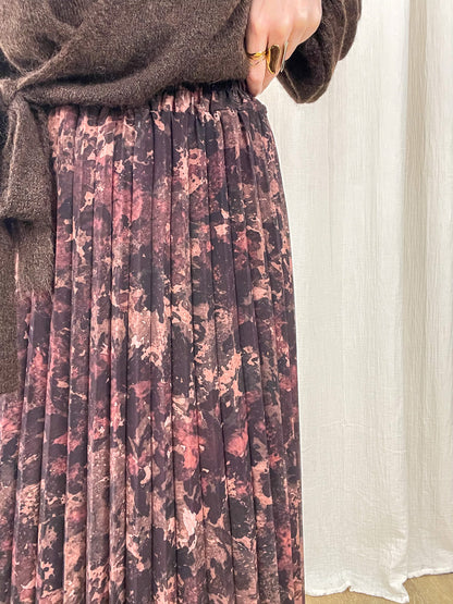 Jupe midi plissée imprimé floral bordeaux et rose femme avec taille élastique style automne