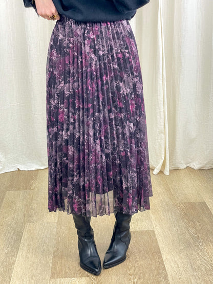 Jupe midi plissée imprimé floral violet et noir femme, style bohème chic avec taille élastique
