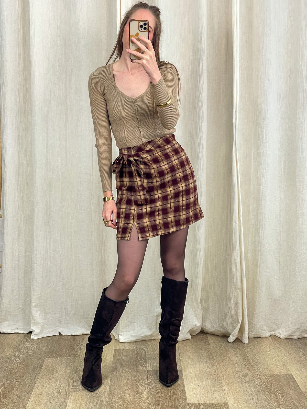 Jupe portefeuille à carreaux bordeaux et beige avec nœud latéral, mini jupe écossaise femme automne hiver