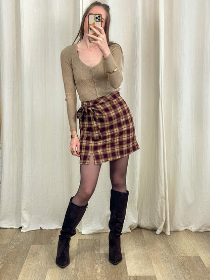 Jupe portefeuille à carreaux bordeaux et beige avec nœud latéral, mini jupe écossaise femme automne hiver