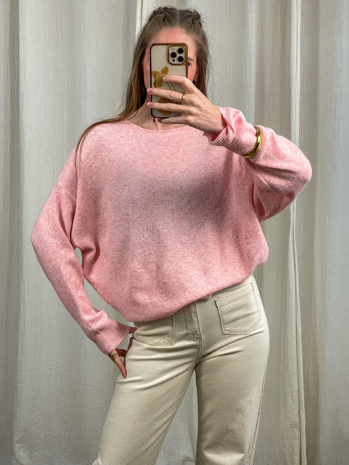 Pull femme rose pastel maille douce coupe oversize col rond, pull confortable hiver femme tendance