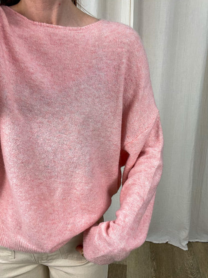 Pull femme rose chiné en maille mohair coupe oversize col bateau, pull doux hiver femme