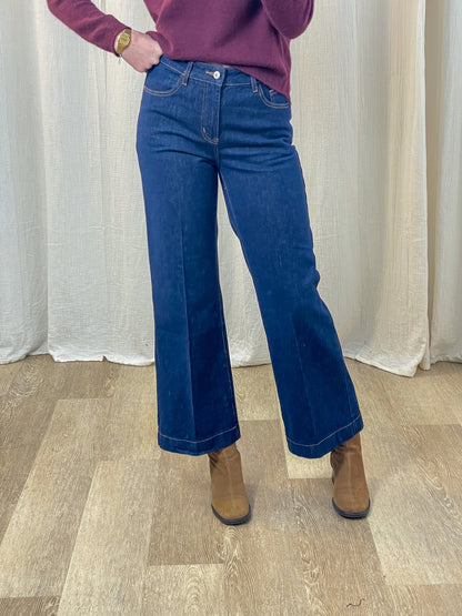 Jean wide leg taille haute bleu brut femme coupe évasée style vintage avec surpiqûres contrastantes