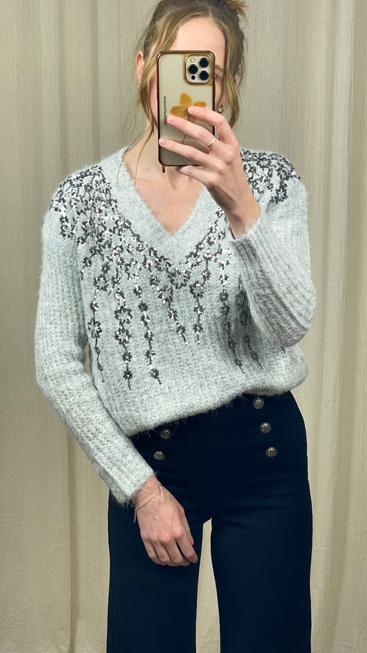 Pull Alice – Pull doux gris perle brodé de sequins