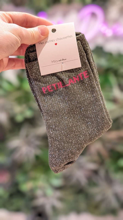 Chaussettes à paillettes – Écriture "PETILLANTE"